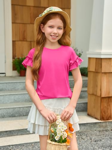 Haloumoning Girls Ruffle Short Sleeve T Shirts Kids Summer Crewneck Tops Cute Tees Blouse 5-14 Years2