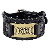 Nordic Viking Moon Totem Lederarmband,Nordische Mythologie Vintage Pentagramm Amulett Manschette Armreif,Mittelalter Gotik Stil Männer Breites Armband,Bronze