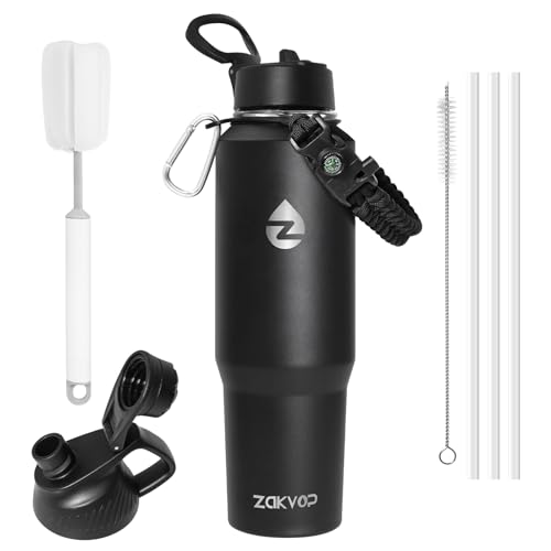 ZAKVOP Taza Termica 1,2 L, Taza Termo con Pajitas y Dos Tapas, Botella Termica de Acero Inoxidable con Mango de Paracord para Portavasos, Vaso Termo Cafe para Llevar