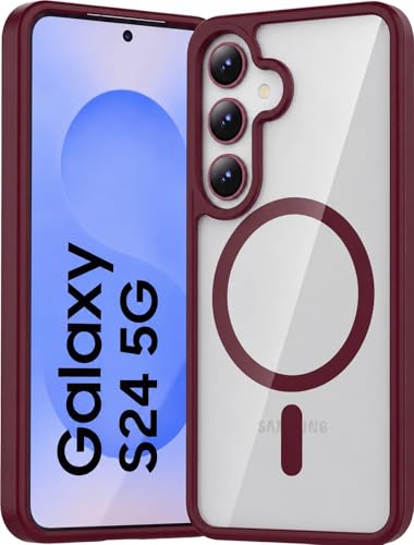 Image of ArmourPro MagSafe Compatible Case for Samsung Galaxy S24, Magnetic Wireless Charging Back Cover with Clear Back, Flexible TPU Bumper, Camera Protection | Wine Red