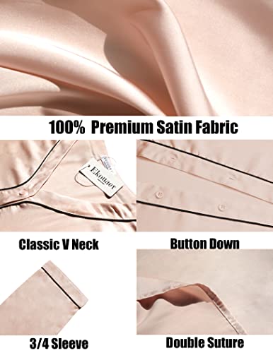 Ekouaer Satin Button Down Nightgown Women 3/4 Sleeve Silk Sleepshirt V-Neck Boyfriend Nightshirt Pajama Dress Asymmetrical Hem Sleepwear, Champagne, Xx-Large #TOP4