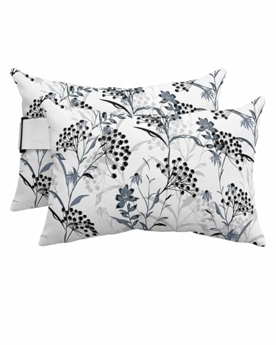 Anzona Pack of 4 Black Blue Botanical Lumbar Pillow Covers, Outdoor Waterproof Throw Pillow Covers Set, Spring Floral Pastoral Summer Flowers Decorative Cushion Case for Patio Beach, 11x16 Inch