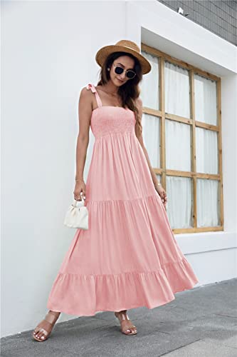 Image of kinstell Women's Summer Boho Spaghetti Strap Square Neck Ruffle Casual Flowy Long Dress Beach Swing Party Maxi Dress