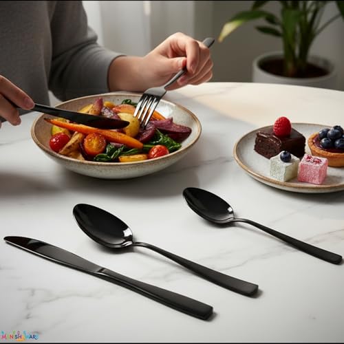 Image of Mirror Polished Black 24 Pcs Stainless Steel Cutlery Set for Dining Table, Dishwasher Safe Glossy Flatware (6 Spoon Set + 6 Forks Set + 6 Butter Knife + 6 Dessert Spoon)