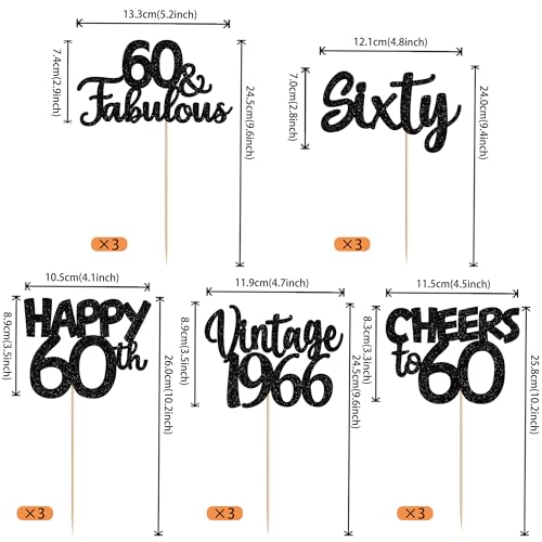 Image of 15 PCS Black 60th Birthday Centerpiece Sticks Sixty Happy 60th Vintage 1966 Table Flower Centerpieces Sticks Cheers to 60 Fabulous Floral Decorations for 60th Birthday Party Centerpieces Supplies
