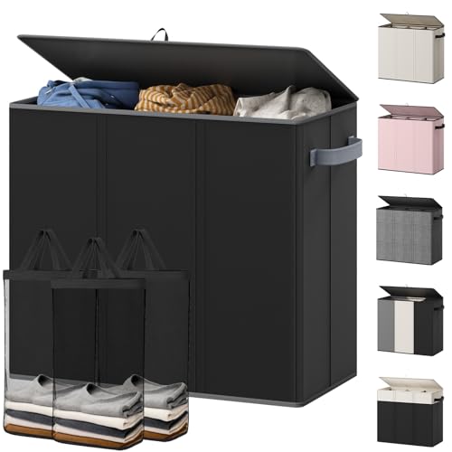 Optish 180L Laundry Hamper 3 Section, Large Laundry Hamper with Lid, Dirty Clothes Hampers with Handles, Laundry Basket Organizer for Laundry, Bedroom, Bathroom, Laundry Sorter Baskets, Black