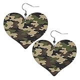 Camo Earrings For Women Army Green Camouflage Faux Leather Lightweight Heart Dangle Earrings