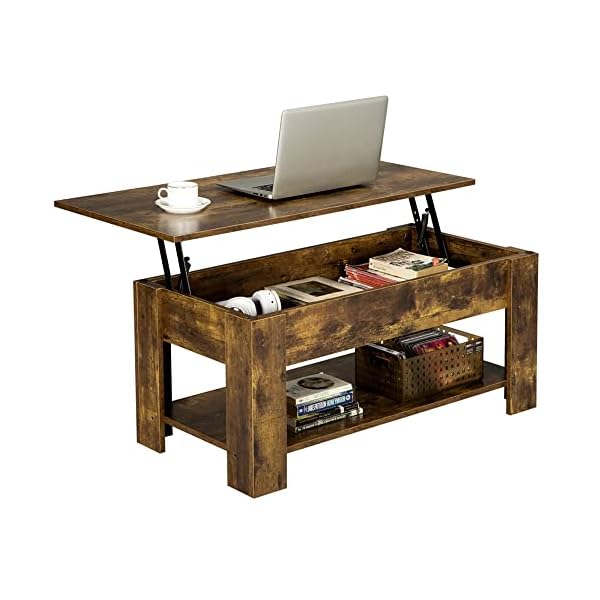 Yaheetech Lift Top Coffee Table with Hidden Compartment and Storage Shelf, Rising Tabletop Dining Table for Living Room Reception Room, 38.6in L, Rustic Brown