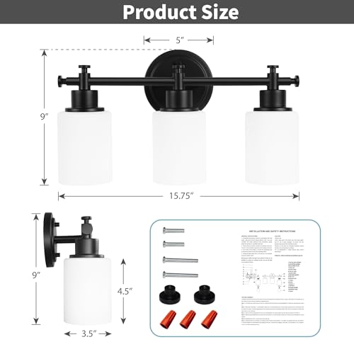 Image of 3-Light Black Bathroom Light Fixtures, Modern Vanity Lights Over Mirror, Bathroom Wall Sconces with White Glass Shade, E26 Socket, 15.75 inch Compact Vanity Light Fixtures