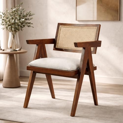Image of Solid Sheesham Wood Cane Arm Chair with Cushion | Handmade Rattan Accent Chair for Living Room, Balcony, Bedroom & Cafe | Wooden Lounge Armchair | Honey Brown