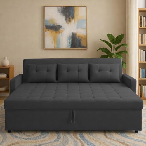 Image of Casaliving Treshta 3 Seater Pull-Out Premium Fabric Sofa Cum Bed Sofa Set for Living Room (Black Fabric Color) Premium Fabric Sofa Set for Living Room Sofa Cum Bed