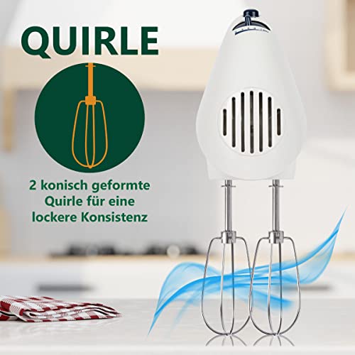 Foto von Clatronic elektrischer Handmixer | 250 Watt Motor | 5 Geschwindigkeitsstufen | Auswurftaste | robuste Edelstahlquirle und -knethaken | Spülmaschinengeeignet | HM 3014 weiß
