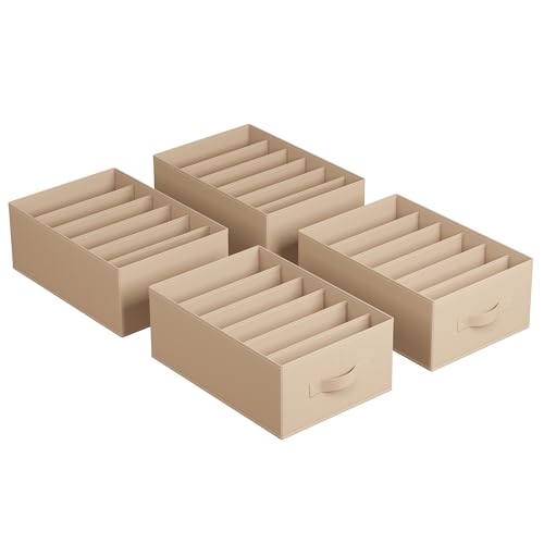 Image of SONGMICS Set of 4 Large Size Wardrobe Clothes Organizers, 6-Compartment Foldable Drawer Organizers with Handles, 16.5 x 11.8 x 6.7 Inches, for Pants, Sweaters, Jeans, Sand Beige URUS009K01