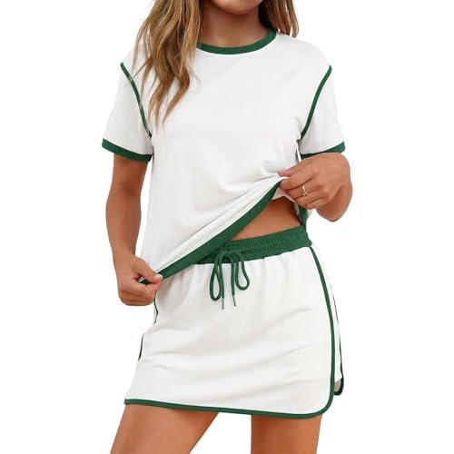 Marvmys Women 2 Piece Skorts Sets Short Sleeve Color Block Tshirt and Skorts Matching Going Out Summer Tracksuit with Pockets Small White+dark Green