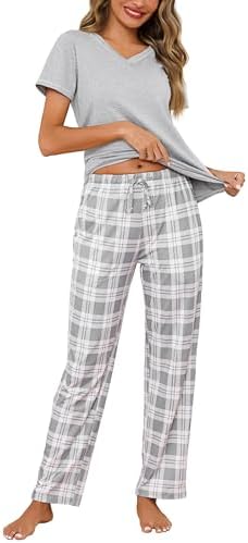 Bresdk Pyjama dames lange pyjama set katoen winter lange mouwen nachtkleding geruit tweedelige pyjama set, Donkerblauw, S
