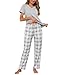 Bresdk Pigiama Donna Cotone Manica Corta Pigiami Due Pezzi da Donna Leggero Maglietta Manica Corta e Pantaloni Lunghi a Quadri Comodo e Morbido Grigio L