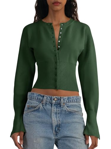 Image of Saodimallsu Womens Cropped Sweaters Cardigan | Button Down,Long Sleeve,V Neck,Ribbed Knit,Slim Fit ,Pullover Crop Tops