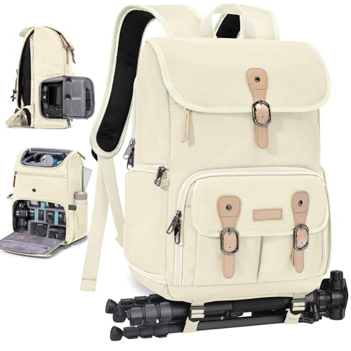Image of RAINSMORE Camera Backpack, DSLR SLR Mirrorless Camera Bag for Photographer | 15.6 Inch Vintage Canvas Camera Case with Laptop Compartment & Tripod Holder & Rain Cover for Sony Canon Nikon Fujifilm Beige