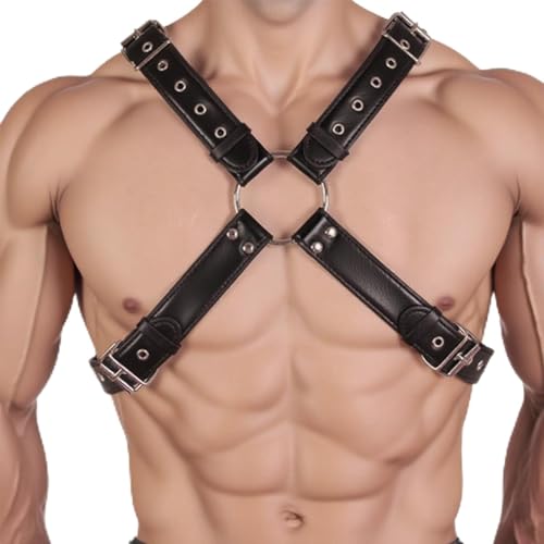 Harnais punk cuir noir réglable avec anneaux pour style gothique et BDSM fétiche