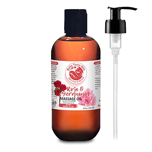 Rose and Geranium Massage Oil Without Mineral Oil. 8 oz. Full Body Massage Therapy. Soothes Body and Mind. Made with Olive Oil, Sesame Oil, Sunflower Oil, Aloe Vera, Geranium Oil, Rose Oil.