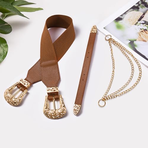 Image of Dubulle Womens Belt Chain Leather Belts Vintage Western Adjustable Elastic Double Buckle for Cowboy Pant Dress