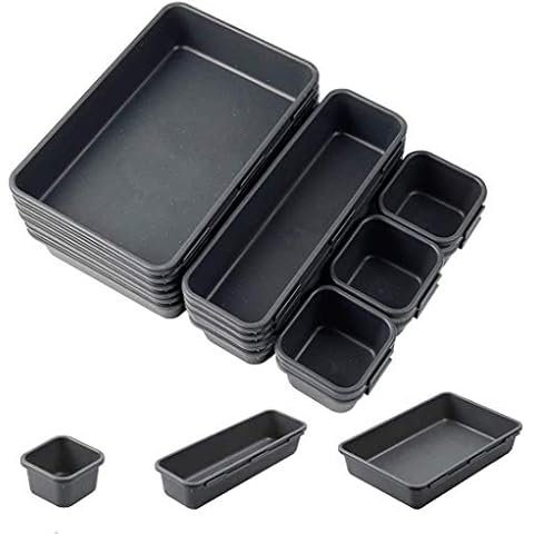 Umikk Interlocking Desk Drawer Organizer Tray, 24 PCS Desk Drawer Organizer, Office Drawer Dividers Storage Bins for Kitchen Bathroom Office, 3 Different Sizes, Grey Cover