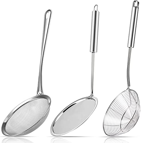 Shappy 3 Pieces Spider Strainer Skimmer Spoon Set, Stainless Steel Mesh Strainer with Handle Wire Mesh Colander, Hot Pot Fat Skimmer Spoon, Fine Mesh Food Strainer for Cooking, Skimming (5.5 Inch)