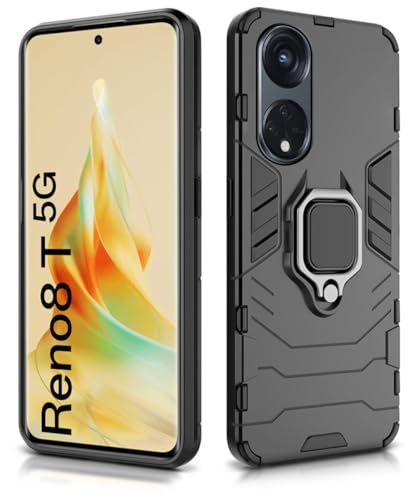 Image of WOW IMAGINE Shock Proof Back Case Mobile Cover for Oppo Reno8 T | Reno 8T 5G | Back Cover Case (Tough Armor | Hybrid PC + TPU | Ring Holder & in-Built Kickstand | Black)