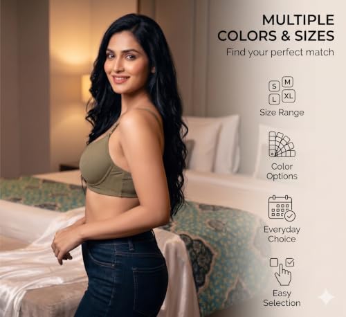 Image of Women's Pure Cotton Blend Lightly Padded Bra (Pack of 3) | Full Coverage Wirefree T-Shirt Bra | Soft Breathable Everyday Bra | Adjustable Straps | Comfortable Multicolor Bra