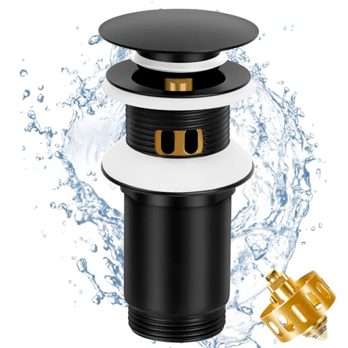 Towviy Piletta di Scarico Lavabo da Bagno con Cestello, Valvola di Scarico Lavabo con Troppopieno Universale Pilette Lavabo G1¼ Pop-Up in Ottone Cromato con 1 Anello di Gomma di Ricambio, Nero