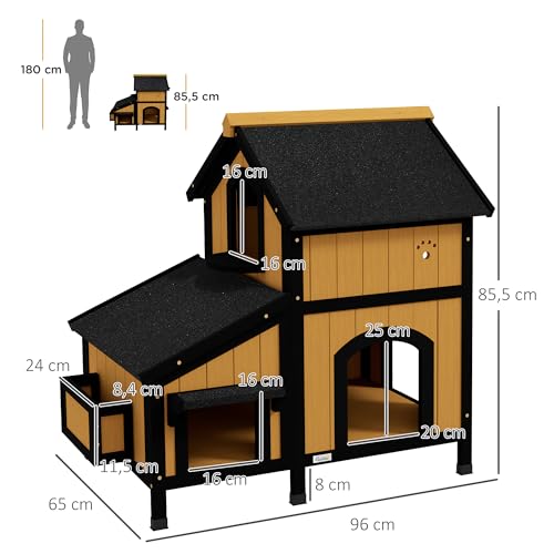 PawHut Katzenhaus, Tannenholz, Katzenhütte mit mehreren Eingängen, 2 Etagen, Katzenhöhle für draußen, Kleintierhaus mit Asphaltadach, Blumenkasten, winterfest, Erhöhtes Design, Gelb, 96 x 65 x 85,5 cm