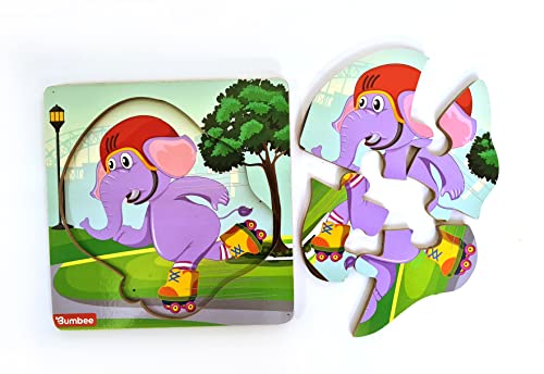 Image of Bumbee Wooden Jigsaw Puzzle Board for Kids (Set of 5) | Animal Puzzles for Toddlers 2+ Years | Montessori Learning Toy Animal Riding Vehicle | Educational Preschool Puzzle Gift for Kids, Boys & Girls