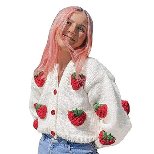 Kawaii Strawberry Cardigan Soft Girl Crochet Knit Sweater Y2K Aesthetic Cute Cropped Pullover Harajuku Clothes