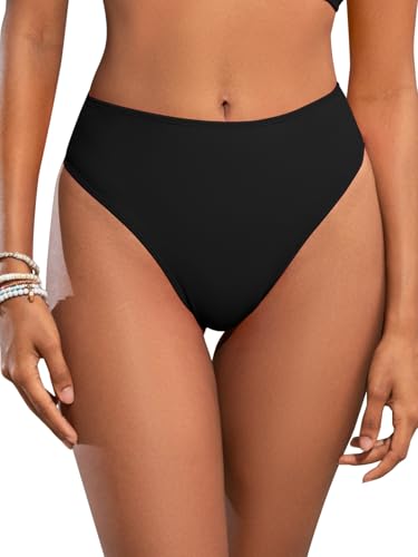 Image of SHEKINI Women's High Waisted Thong Bikini Bottoms Sexy Crisscross Back Hollow Out Swimwear Bottoms, Black, Large