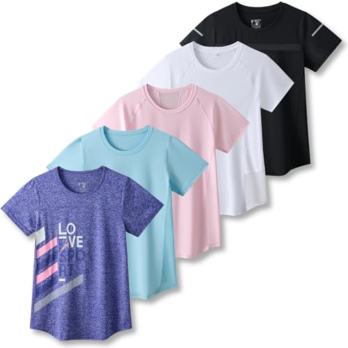 5 Pack: Women's Dry Fit Short Sleeve T Shirts, Athletic Workout Tee Tops for Gym Yoga Running