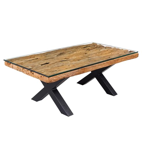 Riess Ambiente Massiver Couchtisch Barracuda - 110cm - antik Natur - recyceltes Teakholz X-Gestell Glasplatte