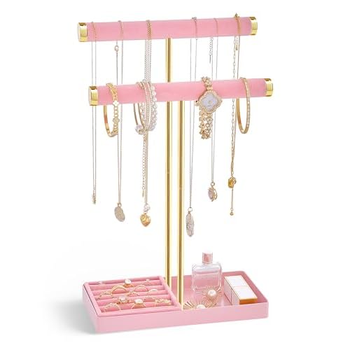 Lolalet 2-Tier Necklace Holder Display, Velvet Wrapped Bracelet Stand with Removable Ring Tray, Tall Jewelry Organizer for Bangles Watches Earrings, G