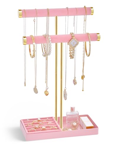 Lolalet Soporte para Joyas,2 Niveles Estante de Exhibición para Joyería Expositor Forrado de Terciopelo con Base de Cerámica para Pulsera Collar Reloj Brazalete Arete Anillo Perfume Scrunchie -Rosa