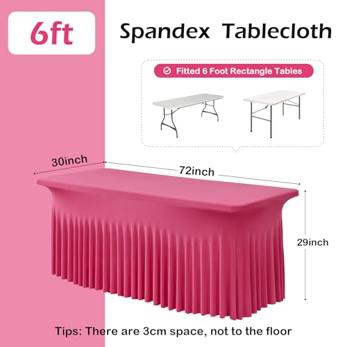 Image of NSSONBEN 2 pk Hot Pink Spandex Tablecloth for 6 Foot Rectangle Tables, Wrinkle Free Fitted Spandex Table Covers 6ft Stretch Table Cloths with Ruffle Skirt for Parties Weddings Banquet Baby Shower