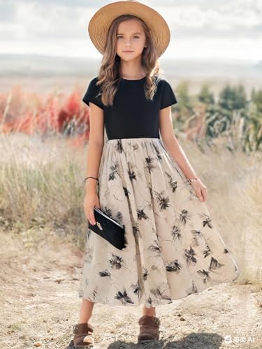 New 8-14Years Girls Elegant Dress Short Sleeve A-Line Floral Midi Party Special Occasion3