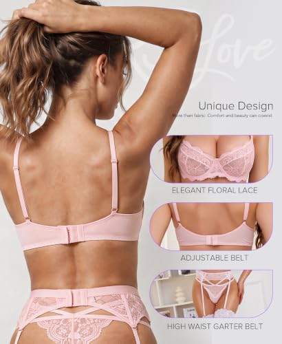Image of RSLOVE Lingerie Set for Women Sexy - Corset And Panty Outfits 3 Piece Lace Push Up Underwire with Garter Lingerie