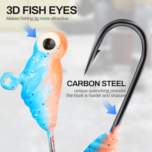 Ice Fishing Jigs Kit 100pcs Lures Bait Icefishing Set Crappie Jig Hooks Gear Accessories for Walleye Panfish with Tackle Box Gifts for Men (100pcs ice Fishing jigs with Two Lure Boxes)