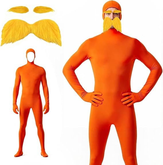 Mono De Cuerpo Entero Naranja Unisex Con Bigote Y Cejas – Disfraz De Pantalla Verde Y Cosplay Para Halloween, Carnaval Y Fiestas Temáticas, Segunda Piel Elástica