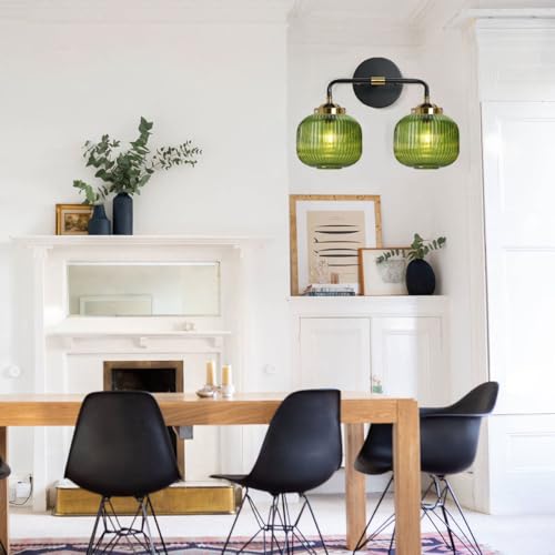 Image of 2-Lights Globe Wall Sconce Bathroom Light fixtures Vanity Lamp Mid Century Modern Wall Lights with Green Striped Glass Shade Vintage Vanity Lights for Over Mirror Hallway Overhead
