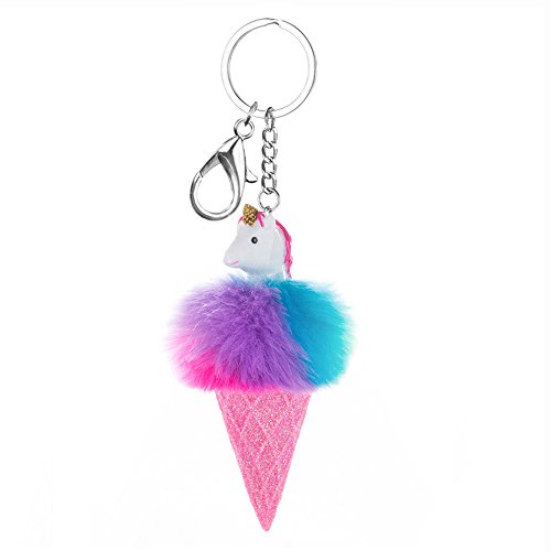 Skywisewin Sparkly Ice Cream Cone Keychain Bag Charm, Pom Pom Fur Unicorn Keychains Silver Key Rings,Pink,Small