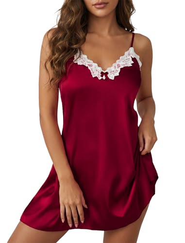 Image of Girece Sexy Night Gowns for Woman Silk Nightgown Lace Trim Sleep Dress Babydoll Lingerie Satin Nighty Negligee