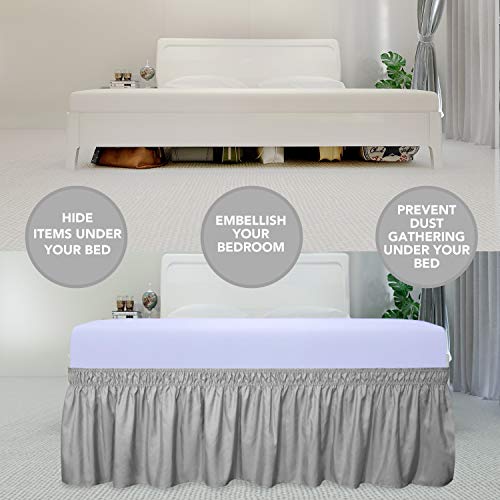 PureFit Wrap Around Ruffled Bed Skirt with Adjustable Elastic Belt - 18 Inch Drop Easy to Put On, Wrinkle Free Bedskirt Dust Ruffles, Bed Frame Cover for Twin,Twin XL and Full Size Beds, Light Gray
