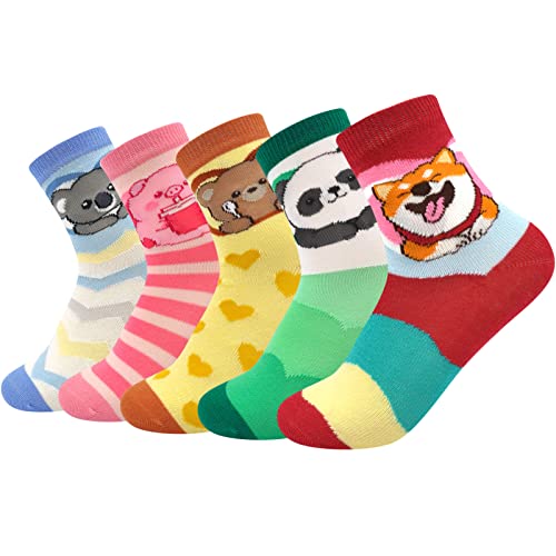 ZFSOCK Calcetines Niña Calcetines de Algodón para Niños con Divertidos Estampados de Animales 5-7 años 24-29 Temática animal 5 Pares
