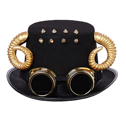 Steampunk Zylinder Hut mit Brille Damen Herren Vintage Nieten und OX Horns Halloween Unisex Gotisch Kopfbedeckung Accessoire (58 cm/22,8 Zoll, schwarz) Cover