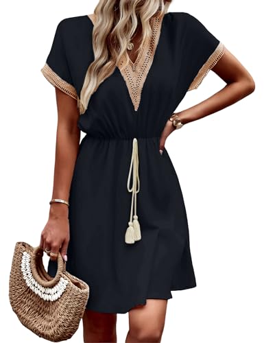 Vestidos Verano Mujer Mangas Cortas Elegante Vestido Casual Playa Vestidos Boho Chic Cuello en V con Ribete de Encaje Fiesta Summer Dress